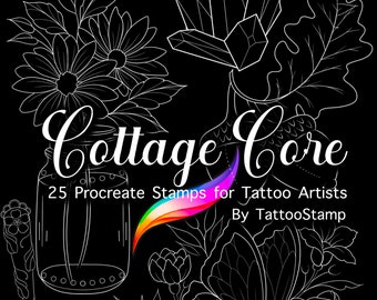 Cottagecore Tattoo Procreate Brush Stamps: Fairy Frog, Flowers (Digital Download)