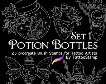 Sellos de tatuaje de frascos de pociones // Set de pinceles de bruja para Procreate (Descarga digital)
