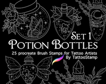 Potion Bottle Procreate Tattoo Brush Set - Spell Bottle Tattoo Stamps - Witchy Procreate Clip Art - Fantasy Tattoo Designs - Magic Spell