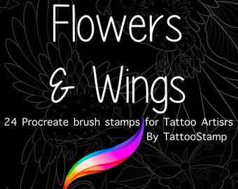Op de afbeelding: Een digitale illustratie van bloemen en vleugels, met de tekst "Flowers & Wings" en "24 Procreate penseel stempels voor Tattoo Artiesten Door TattooStamp".
