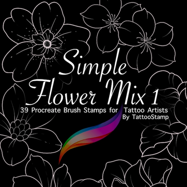 Flower Procreate Brush Set - Procreate Tattoo Stencil Stamps - Wildflower Tattoo Brushes - Fineline Tattoo Stencil - Neotrad Tattoo Design