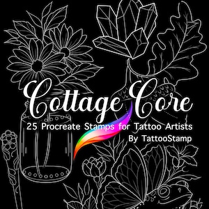 Cottagecore Procreate Tattoo Brush Stamps - Przytulne estetyczne wzory cyfrowe - Arkusze Cottage Core Flash - Kwiaty w słoikach Mason - Urocza wróżka żaba