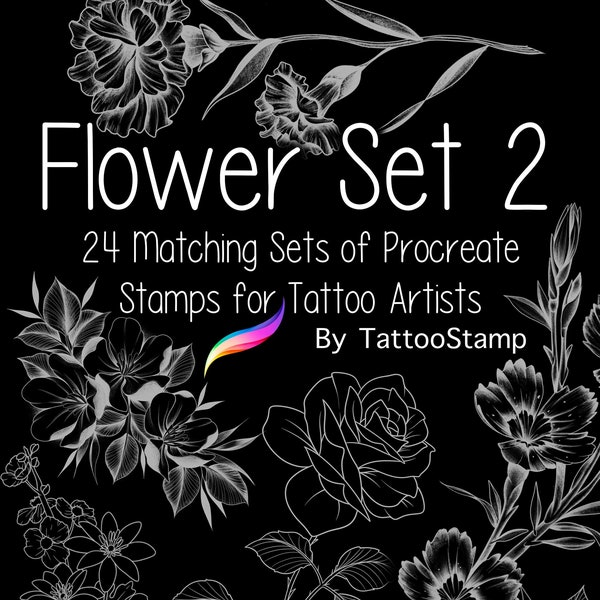 Flower Procreate Brush Stamp Set - Floral Tattoo Flash - Flower Tattoo Designs - Digital Flower Art -  Tattoo Artist Ideas for Procreate