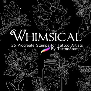 May include: A set of 25 whimsical Procreate stamps for tattoo artists, featuring illustrations of a frog, a mouse, a goldfish, a jar with fireflies, a rabbit, a mushroom, and flowers. The stamps are designed by TattooStamp.