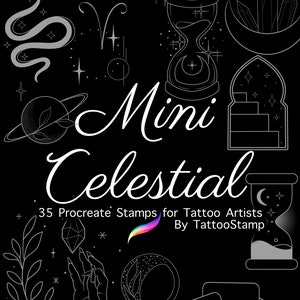 May include: A set of 35 digital stamps for tattoo artists featuring celestial and mystical imagery. The stamps include a snake, an hourglass, a crescent moon, a crystal, a hand holding a crystal, a magnifying glass, a tarot card, and more. The text "Mini Celestial 35 Procreate Stamps for Tattoo Artists By TattooStamp" is included in the image.