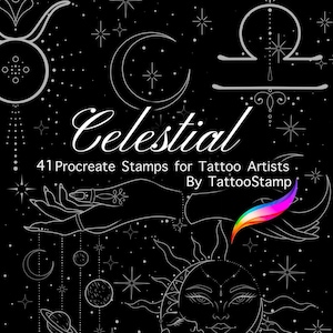 May include: A black and white illustration of celestial objects, including stars, moons, planets, and zodiac signs. The text "Celestial 41 Procreate Stamps for Tattoo Artists By TattooStamp" is displayed on a black background.