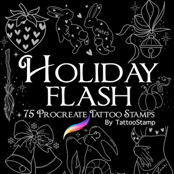 Holiday Tattoo Flash Procreate Stamps - Valentines Day Procreate Brushes -  Halloween Tattoo Designs - Friday The 13th Flash -  Christmas