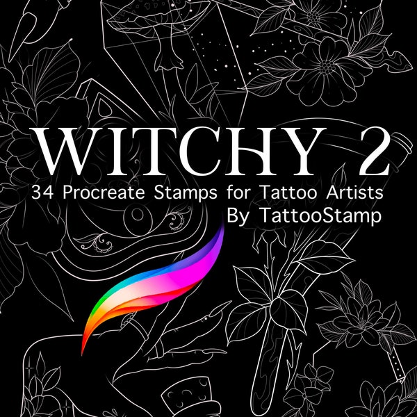 Pinceaux de tatouage Witchy Procreate - pochoir de tatouage cercueil - tampon de tatouage de bouteille de sorts - pinceaux de tatouage occulte - motifs Wicca Procreate