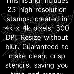 May include: A black and white image with text that reads: "This listing includes 25 high resolution stamps, created in 4k x 4k pixels, 300 DPI. Resize without blur. Guaranteed to make clean, crisp stencils, saving you time and money."