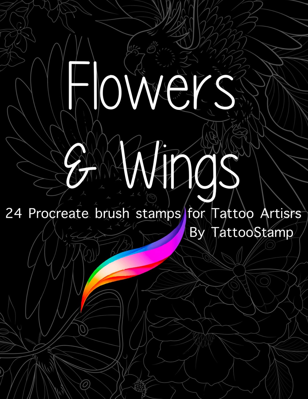 Flower & Wings Tattoo Procreate Brush Set: 24 Linework Stamps (digital ...