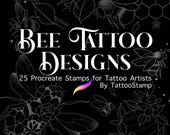 Bee Tattoo Procreate Stamps || Bumblebee Honeycomb & Floral Designs || Honeybee Brush Set (Digital Download)