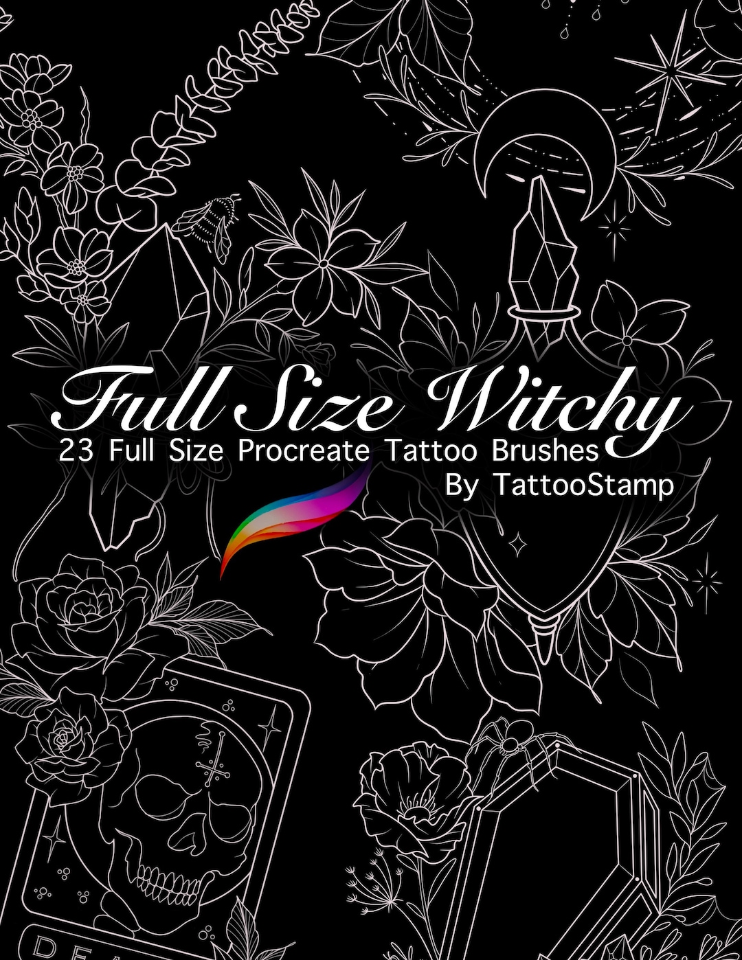 Witchy Tattoo Procreate Brush Stamp Set: Spooky Flash Designs (digital ...