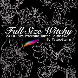 Witchy Tattoo Procreate Stempel Pinsel Set - Gruselige Blitz Designs - Digitale Kunstdrucke - Halloween Tarot Karte Kristall Pilz Schädel Tattoo