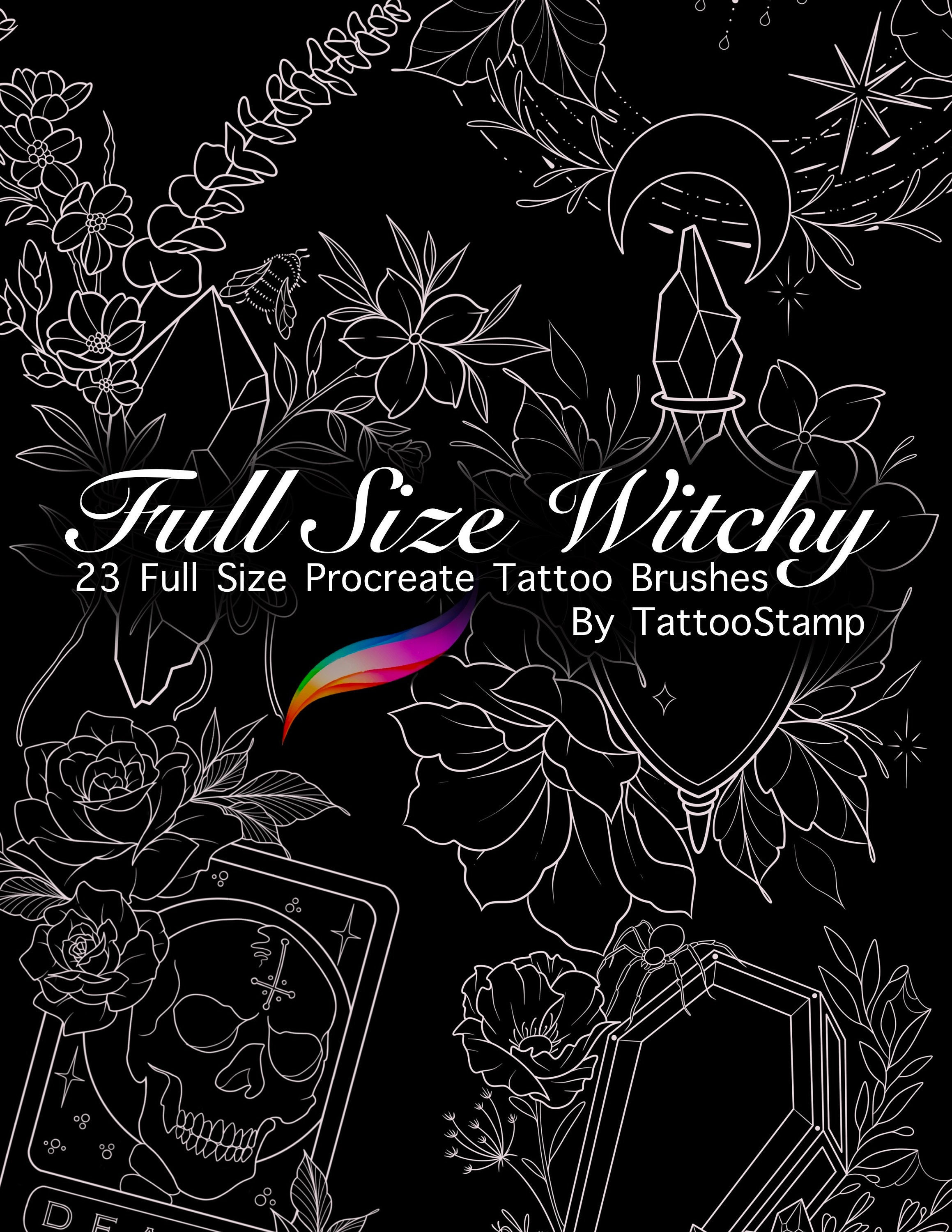 Witchy Tattoo Procreate Stamp Brush Set – 23 Spooky Flash Designs for iPad