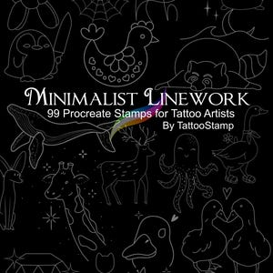 Puede incluir: Arte digital negro con dibujos lineales minimalistas de varios animales, objetos y símbolos. La imagen incluye una ballena, una jirafa, un pulpo y patos. El texto dice "MINIMALIST LINEWORK" y "99 Procreate Stamps for Tattoo Artists By TattooStamp."