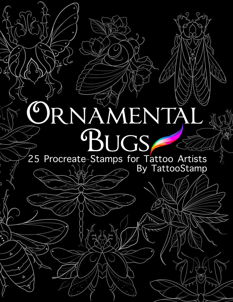 May include: A set of 25 Procreate stamps featuring intricate, ornamental bug designs. The stamps are perfect for tattoo artists and include a variety of insects, such as beetles, butterflies, dragonflies, and mantises.