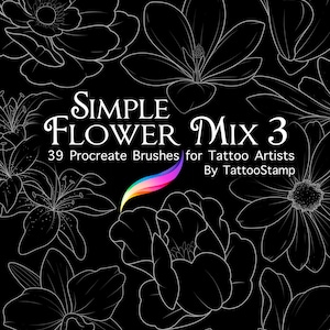Flower Tattoo Stencil Procreate Bundle - Mixed Flower Tattoo Stamps - Digital Tattoo Design - Fineline Tattoo Brushes - Ornamental Tattoo