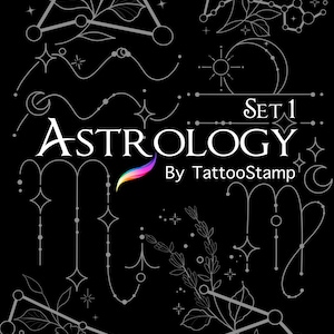 Zestaw pędzli do tatuażu znaku zodiaku Procreate - Arkusz astrologiczny Flash - Cyfrowy szablon niebiański - Sztuka konstelacji - Symbole astrologiczne