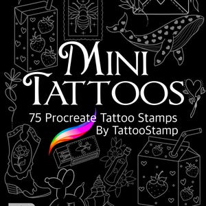 May include: A set of 75 Procreate tattoo stamps, featuring a variety of cute and trendy designs, including a bee, a whale, a strawberry, a boot, a balloon animal, a seashell, a matchbox, a bottle, and a juice box. The stamps are perfect for adding a personal touch to your digital art.
