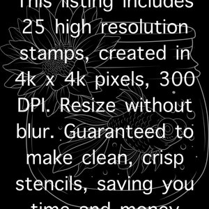 May include: A black and white image of text that reads: "This listing includes 25 high resolution stamps, created in 4k x 4k pixels, 300 DPI. Resize without blur. Guaranteed to make clean, crisp stencils, saving you time and money."