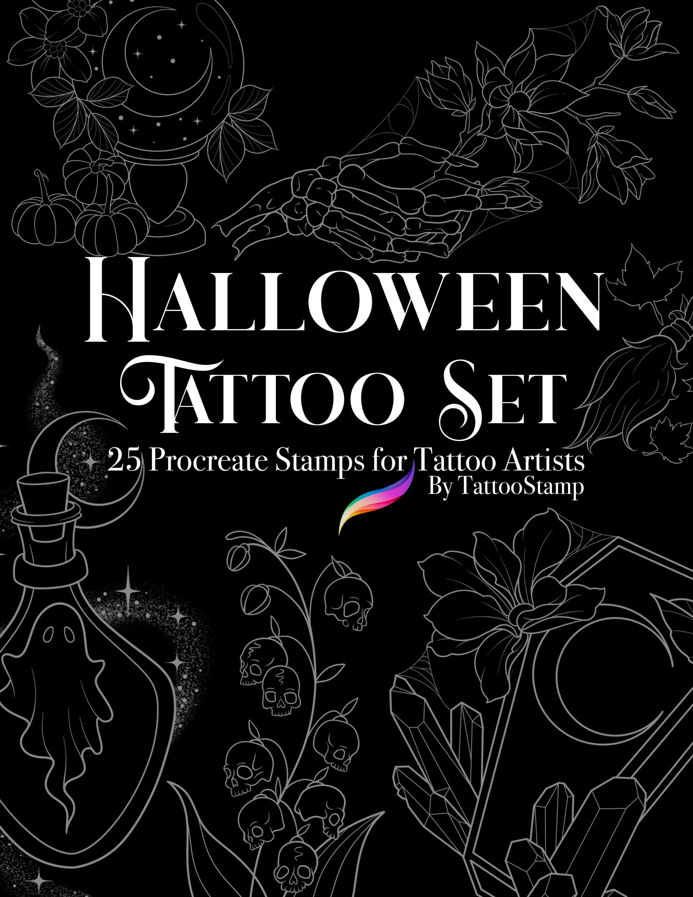 Halloween Tattoo Procreate Stamps – Witchy Flash Brush Set with Pumpkins, Coffins, Bats, Ghosts & Crystals