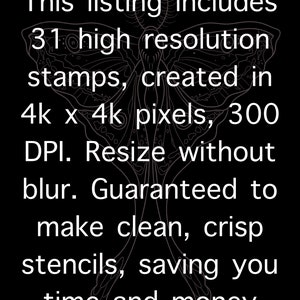 Op de afbeelding: Een zwart-witte afbeelding van een vlinder met tekst die luidt: "Deze lijst bevat 31 hoge resolutie stempels, gemaakt in 4k x 4k pixels, 300 DPI. Herformaat zonder vervaging. Gegarandeerd om schone, scherpe sjablonen te maken, waardoor u tijd en geld bespaart."