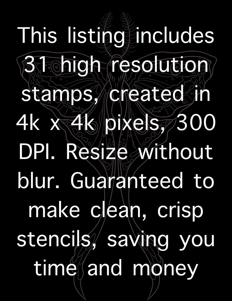 Op de afbeelding: Een zwart-witte afbeelding van een vlinder met tekst die luidt: "Deze lijst bevat 31 hoge resolutie stempels, gemaakt in 4k x 4k pixels, 300 DPI. Herformaat zonder vervaging. Gegarandeerd om schone, scherpe sjablonen te maken, waardoor u tijd en geld bespaart."