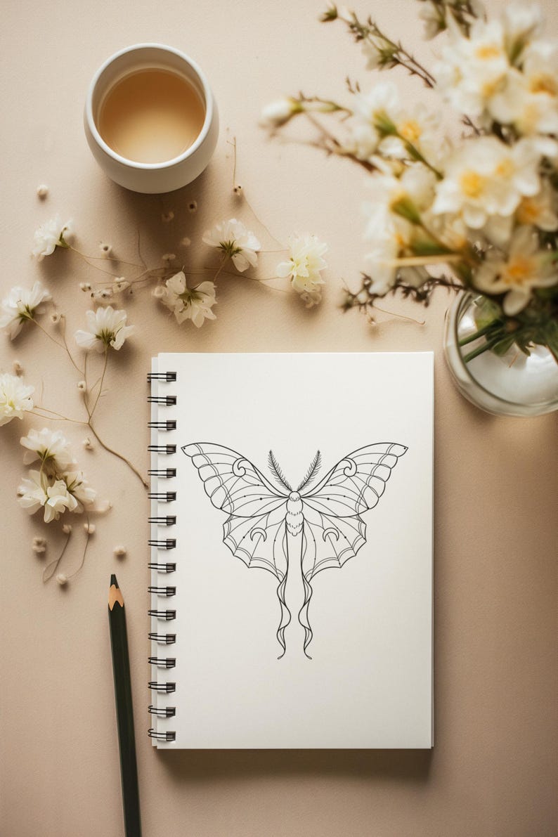 Butterfly Tattoo Procreate Stamps: Fineline mottenborstelset (digitale download) afbeelding 7