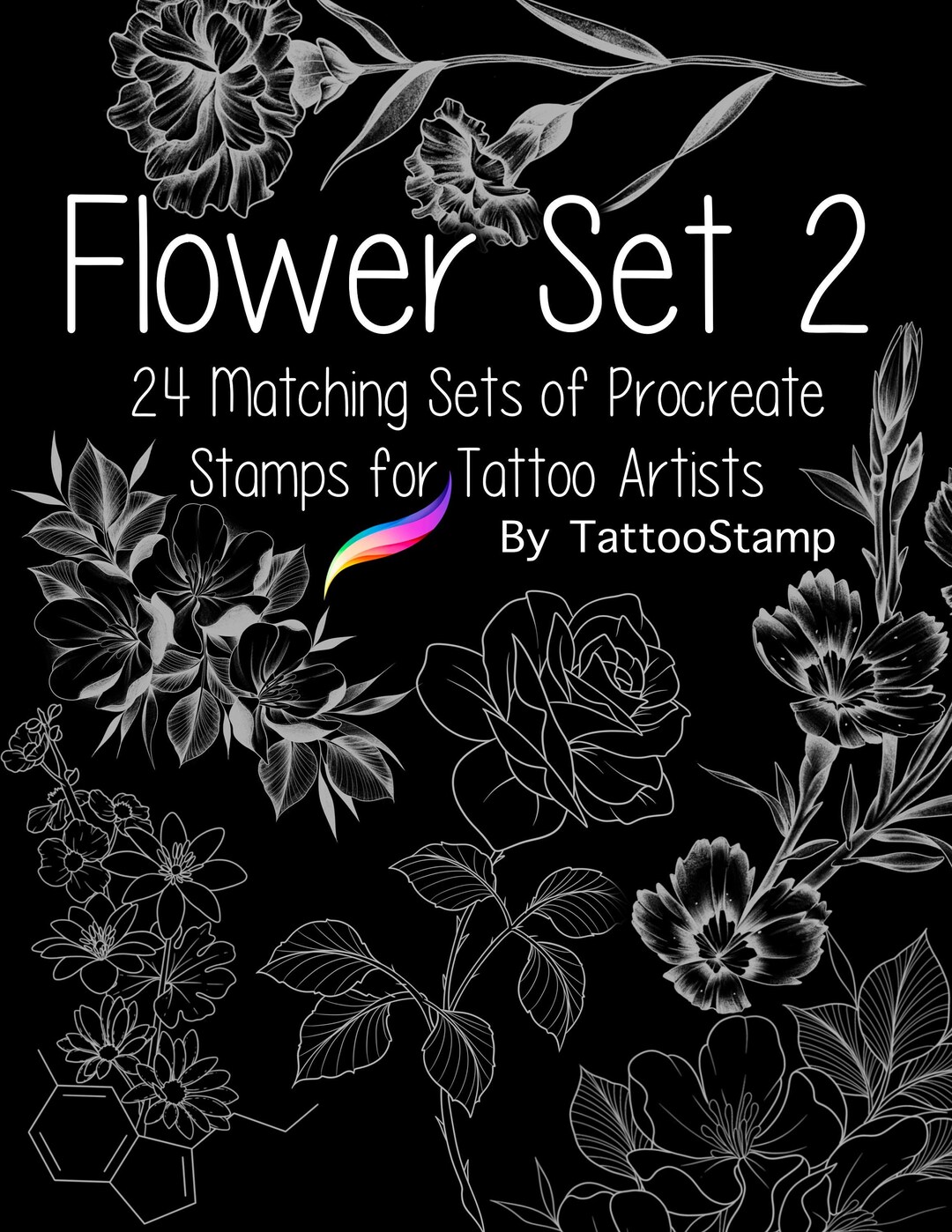 Floral Tattoo Procreate Brush Set: Flower Stencil Stamps (digital ...