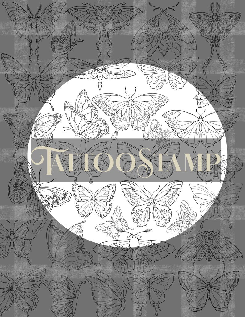 Butterfly Tattoo Procreate Stamps: Fineline mottenborstelset (digitale download) afbeelding 6