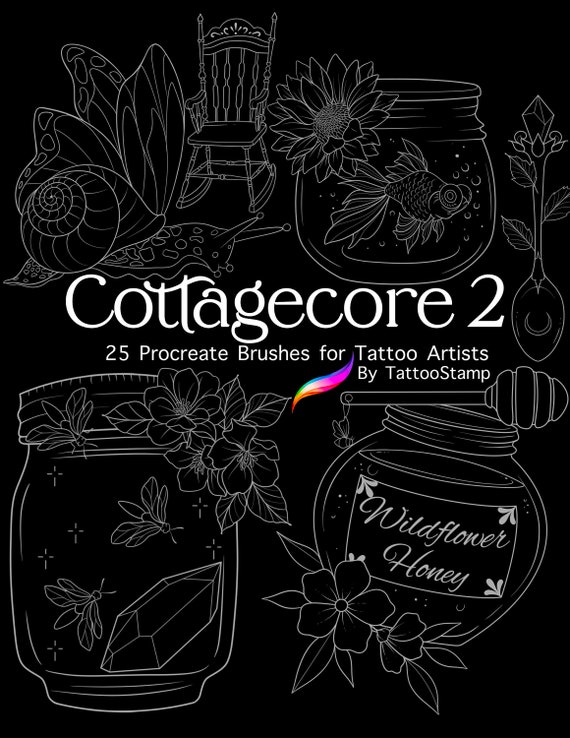 Cottagecore Procreate Tattoo Stamp Brush Set || Cottagecore Clipart for Surface  Pattern Design