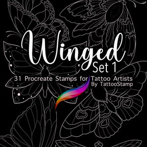 May include: A set of 31 Procreate stamps for tattoo artists featuring intricate butterfly and dragonfly designs. The stamps are titled "Winged Set 1" and are by TattooStamp.