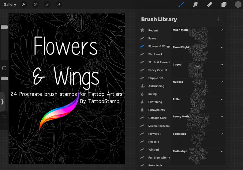 Flower & Wings Tattoo Procreate Brush Set: 24 Linework Stamps (digital ...