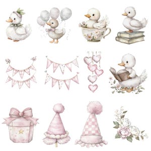May include: Watercolor illustrations of adorable ducklings and party decorations in soft pastel colors. The image includes ducklings with balloons, in a teacup, and reading a book. Also shown are pink party hats, gift box, bunting, and floral arrangements.