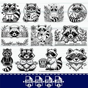 Pu&ograve; includere: Una collezione di illustrazioni in bianco e nero di procioni in varie pose. Alcuni procioni indossano occhiali da sole, tengono in mano bevande o sono circondati da elementi floreali. Le immagini sono in stile cartone animato, adatte per l'arte digitale o la stampa.