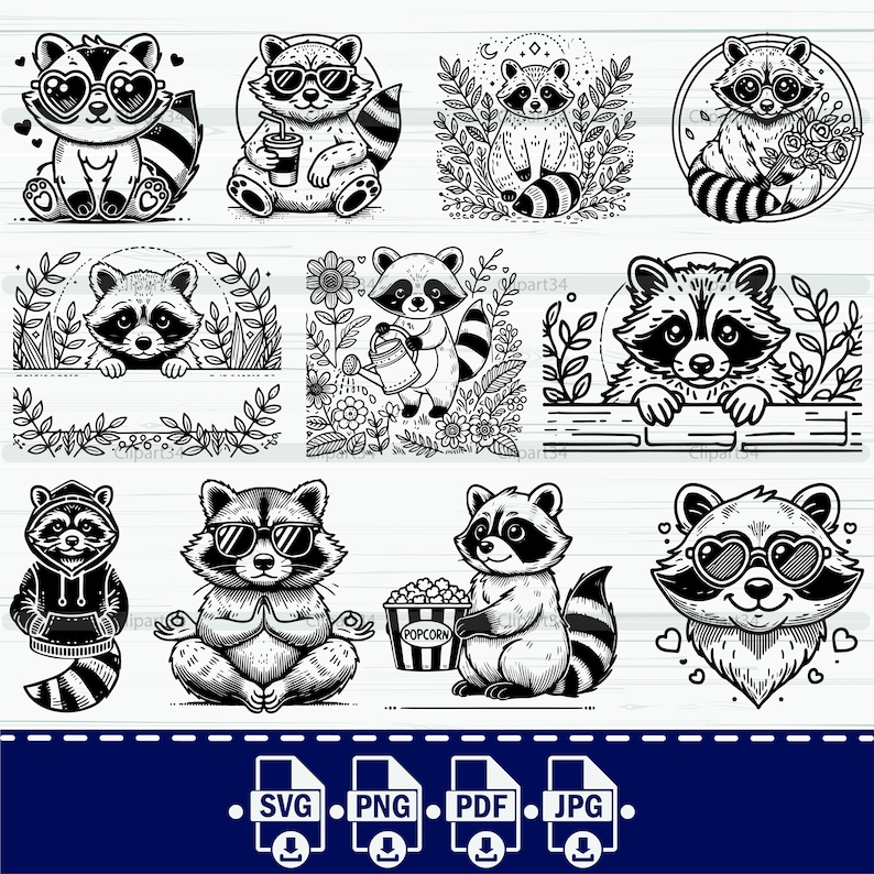 Pu&ograve; includere: Una collezione di illustrazioni in bianco e nero di procioni in varie pose. Alcuni procioni indossano occhiali da sole, tengono in mano bevande o sono circondati da elementi floreali. Le immagini sono in stile cartone animato, adatte per l'arte digitale o la stampa.