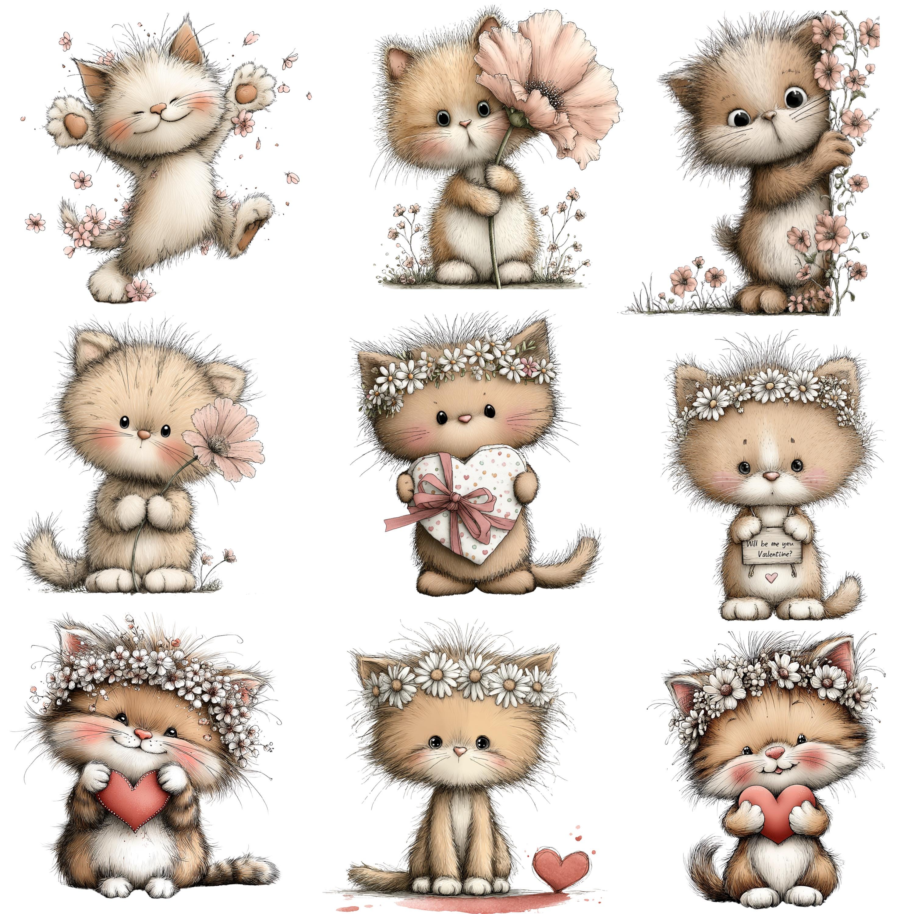 Floral Cat Watercolor Clipart Bundle, Spring Kitten PNG (commercial Use ...