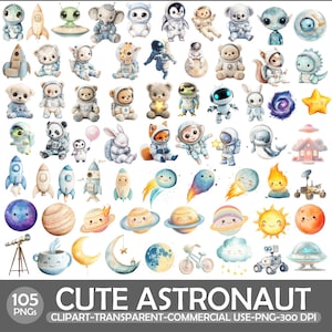 May include: A collection of watercolor illustrations featuring cute astronauts, animals, planets, rockets, and space-themed elements. The image includes the text "CUTE ASTRONAUT" and "105 PNGs". The illustrations are in soft pastel colors.