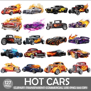 May include: A collection of 16 illustrations of hot cars, each with flames. The cars are in various colors, including red, black, silver, purple, and orange. The text "HOT CARS" is at the bottom, along with "127 PNGs" and other details.