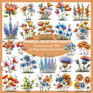 May include: A collection of whimsical watercolor wildflower illustrations in various colors, including orange, blue, and yellow. The image includes text that reads "Whimsical Wildflower Garden Commercial Use".