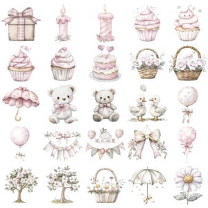 May include: Watercolor illustrations of baby-themed items, including a gift box, candles, cupcakes, a cake, baskets of flowers, teddy bears, ducks, balloons, a banner that says "It's a Girl!", a bow, trees, an umbrella, and a daisy.