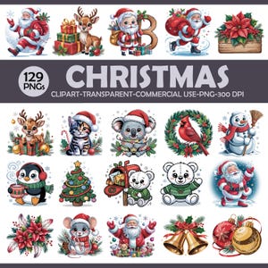 May include: A collection of 129 PNG Christmas-themed clip art images. The images include Santa Claus, reindeer, a snowman, a penguin, a koala, a cat, a mouse, Christmas ornaments, bells, and a Christmas tree. The text "CHRISTMAS" is displayed in large letters.