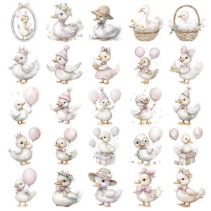 May include: Watercolor illustrations of adorable white ducklings in various poses. Some ducklings wear hats, bows, and crowns, while others hold balloons or gifts. The overall theme is soft and whimsical, with a pastel color palette.