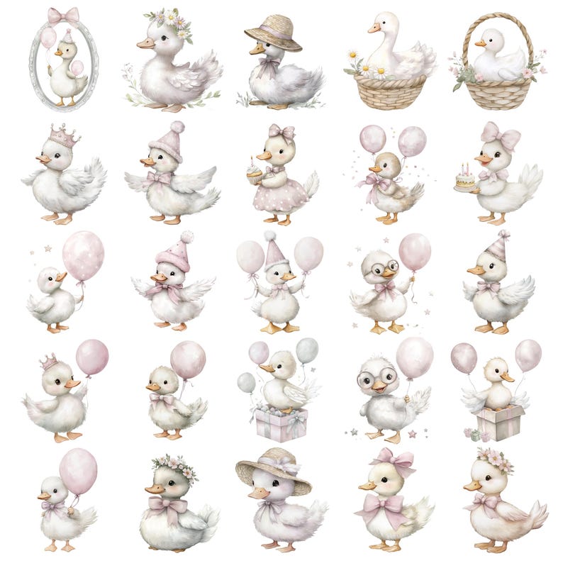 May include: Watercolor illustrations of adorable white ducklings in various poses. Some ducklings wear hats, bows, and crowns, while others hold balloons or gifts. The overall theme is soft and whimsical, with a pastel color palette.