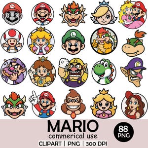 Super Mario Character Clipart Bundle – 88 PNG Icons – 300 DPI – Transparenter Hintergrund – 3125x3125 px – Mario, Luigi, Bowser, Peach, Yoshi