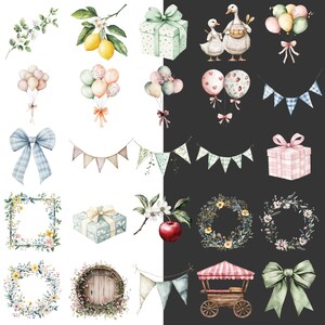 May include: Watercolor illustrations of various decorative elements, including gift boxes, balloons, bows, garlands, wreaths, and a wooden cart. The color palette includes pastel shades of green, pink, blue, and yellow, with a whimsical and festive theme.