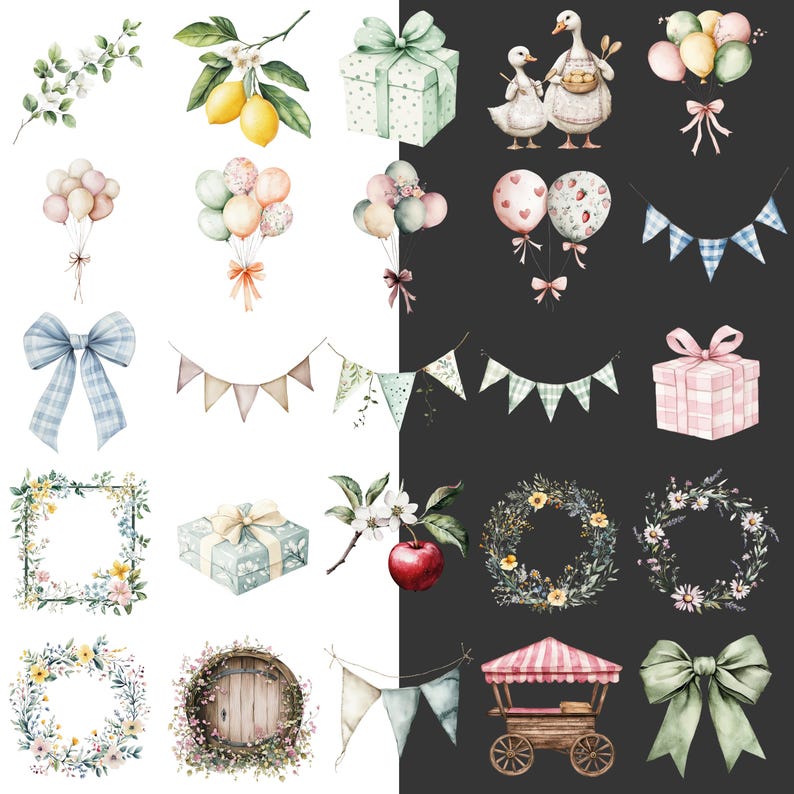 May include: Watercolor illustrations of various decorative elements, including gift boxes, balloons, bows, garlands, wreaths, and a wooden cart. The color palette includes pastel shades of green, pink, blue, and yellow, with a whimsical and festive theme.