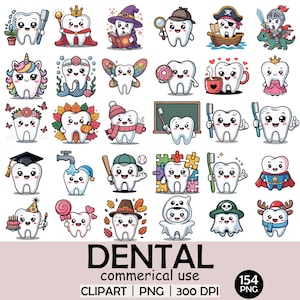 May include: A set of cartoon teeth characters in different costumes and themes. The characters include a tooth with a crown, a witch, a pirate, a knight, a unicorn, a mermaid, a fairy, and a superhero. The word "DENTAL" is written in large letters.