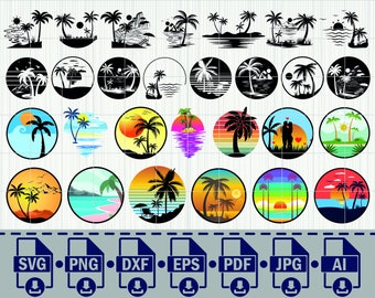 Palmera Svg, silueta de palmera, archivos de corte de palmera, escena de playa Svg, imágenes prediseñadas de palmera, diseño de palmera Svg, Tropical Svg, vector, png