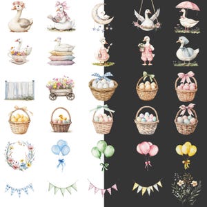 May include: Watercolor illustrations of geese, baskets of eggs, balloons, and floral garlands. The geese are depicted in various poses, some wearing hats and holding objects. Baskets are filled with eggs of different colors. The image has a whimsical, Easter-themed aesthetic.